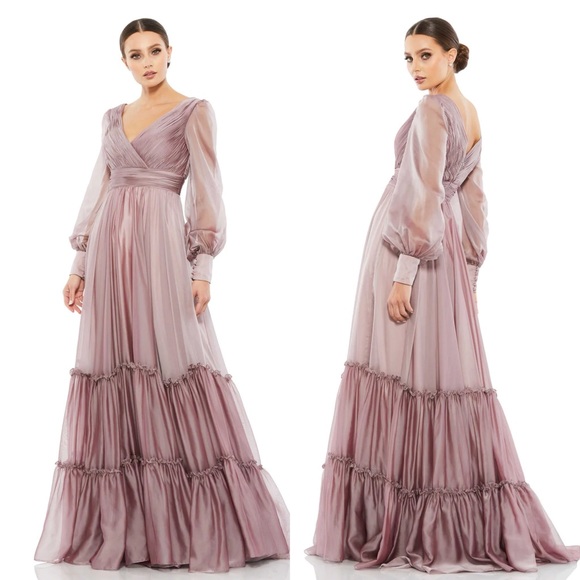 Mac Duggal Dresses & Skirts - NWT Mac Duggal 678641 Faux Wrap Illusion Bishop Sleeve Tiered Gown Mocha 14